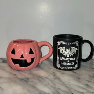 Set of 2 Halloween mugs | Pink Pumpkin Mug | Black Bat Mug